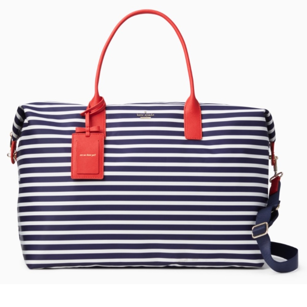 Kate Spade Navy and White Striped Travel Bag with Red Handles